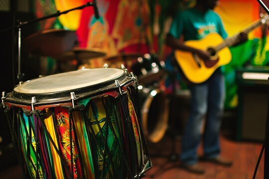 Vibrant steel drums and guitars in a studio showcase the essence of reggae and dancehall culture, inspiring creativity through Jamaica's rich musical heritage.