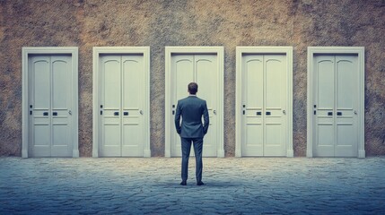 Fototapeta premium Businessman standing in front of opened doors and making decision