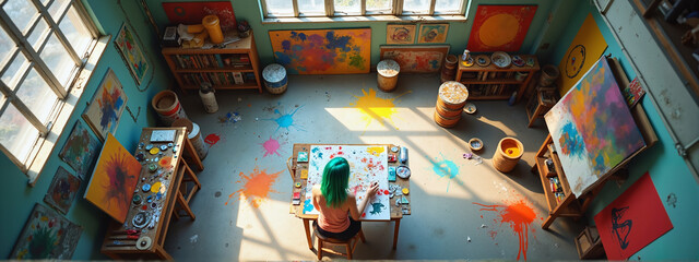 Fototapeta premium Artist with Green Hair Passionately Creating in Vibrant Sunlit Studio