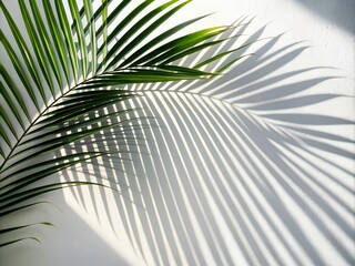 Fototapeta premium Bright sunlight streams into a cozy room, illuminating vibrant green palm fronds that create stunning shadows on a textured white wall, enhancing the serene atmosphere