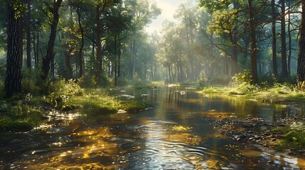 Serene forest glade with a clear stream