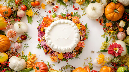 celebratory cake surrounded by colorful flowers and fresh vegetables, creating vibrant autumn scene