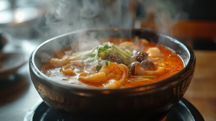 Steaming Bowl Of Delicious Spicy Shrimp Soup