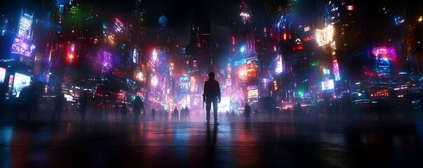 Cyberpunk Cityscape, A Figure Stands Amidst Neon Lights Reflecting on a Wet Street at Night.