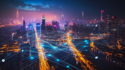 Obraz premium Smart digital city with connection cyber security network reciprocity over the cityscape . future smart wireless digital city and social media networking systems that connects people within the city