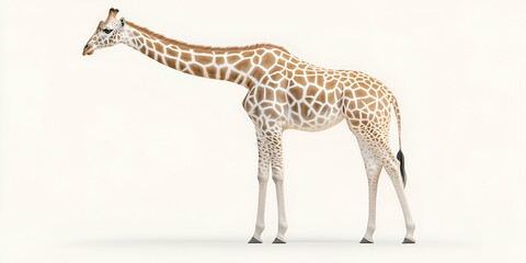 Naklejka premium Giraffe in Profile, Elegant Posture, Standing Gracefully on White Background. Wild African Animal Exudes Majesty in Natural Habitat.