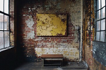 An aged brick wall with peeling paint presents a textured, rustic backdrop that showcases its rich history and character for diverse creative projects.