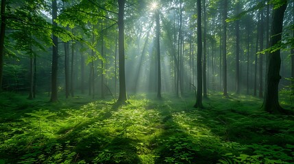Obraz premium Serene forest with morning fog