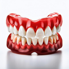 Fototapeta premium A complete set of dental dentures shows both upper and lower teeth rows against a white background.