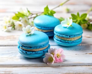 Soft blue macarons are beautifully arranged with small white and pink flowers, creating an enchanting moment of sweetness. The rustic wooden table adds charm to the delightful setting