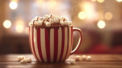 Fototapeta premium A Red Striped Mug Filled With Hot Chocolate and Marshmallows