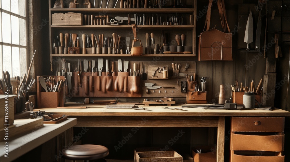 Poster a meticulously arranged leatherworking station in a rustic workshop, leather tools and materials nea