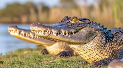 Close-Up of Crocodiles Resting by the Water's Edge with Stunning Detail Capturing Their Unique Texture and Intricate Features in Natural Habitat