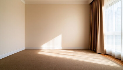 A bright, empty room with natural light streaming through large windows, showcasing a serene and minimalistic atmosphere.