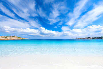 Fototapeta premium Stunning Beachscape, Azure Waters Meet White Sand under a Sky of Fluffy Clouds, Inviting Relaxation and Tranquility.