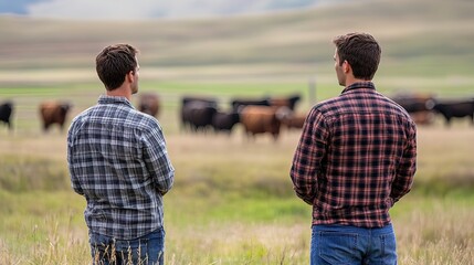 Two ranchers observing a herd of cattle grazing in a vast pasture.