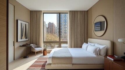 Modern bedroom with city view, large bed, and neutral tones.
