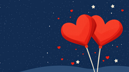 Valentine's sweet heart. Two red heart balloons against a starry night sky.