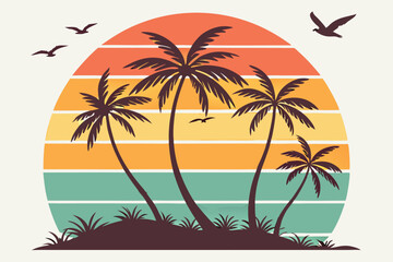 retro-style design featuring a circular sunset with horizontal stripes of orange, yellow A.eps