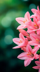 Fototapeta premium A stunning close-up view of blooming pink lilies against a soft green background, showcasing their delicate beauty.