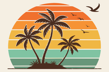 retro-style design featuring a circular sunset with horizontal stripes of orange, yellow C.eps