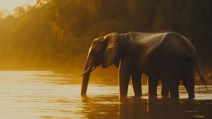 Obraz premium Majestic Elephant Relaxing by Serene River at Sunset, Capturing Nature’s Beauty with Glowing Golden Light Reflected on Water Surface in Peaceful Wilderness Environment