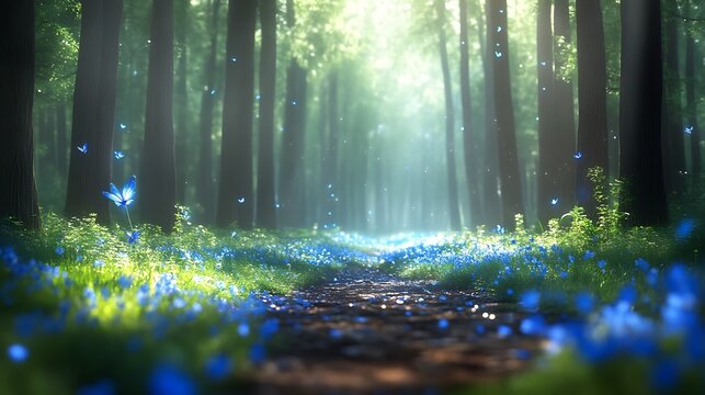 Magical forest path with blue flowers and butterflies. - Powered by Adobe