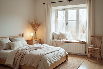 Cozy Bedroom with Warm Lighting and Natural Decor Against Winter Window View
