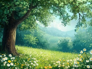 Fototapeta premium Discover serene landscape: a sunlit meadow, flowers bloom, under shady trees, peaceful nature scene, idyllic rural view.