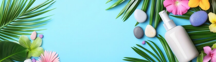 Cute hand cream bottle with palm leaves, stones, and vibrant flowers, cartoon-style elements, hand cream, skincare, colorful style, product photography