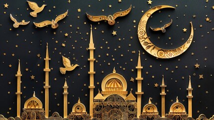 Golden Mosque Silhouette Against a Starry Night