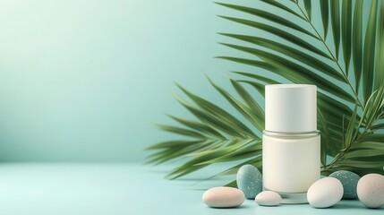 Hand cream and serum duo with palm leaves and cartoon stones, playful and fun decoration, skincare, hand cream, product shoot, cartoon style