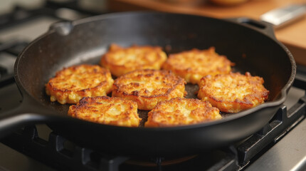 Homemade crispy potato hash browns in a cast iron skillet on a kitchen stove.
