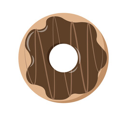Top view at donut. Donut in chocolate glaze. Dessert and delicacy. Homemade pastry and bakery. Unhealthy eating. Sweet food. Poster or banner. Flat vector illustration