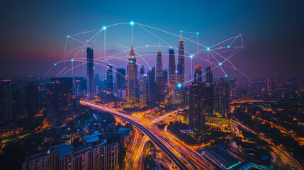 Smart digital city with connection cyber security network reciprocity over the cityscape . future smart wireless digital city and social media networking systems that connects people within the city
