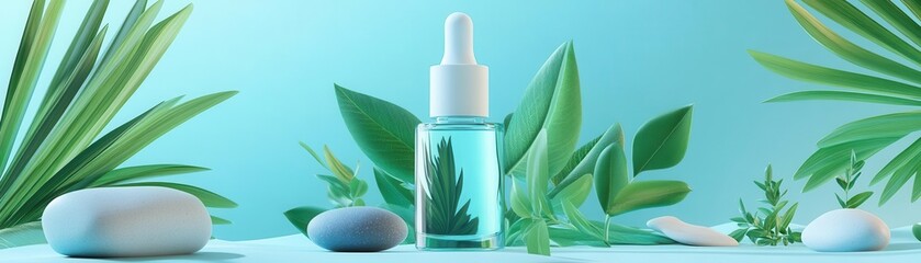 Serum bottle with tropical palm leaves and herbs, minimalist decoration with cartoon-style stones, skincare, serum, product photography, cartoon decor