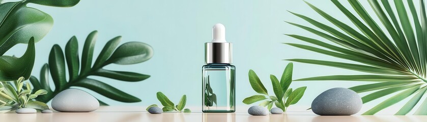 Serum bottle with tropical palm leaves and herbs, minimalist decoration with cartoon-style stones, skincare, serum, product photography, cartoon decor