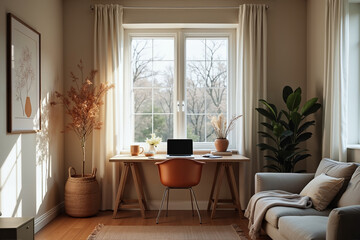 Cozy Home Office in Warm Tones with Natural Light for Peaceful Productivity