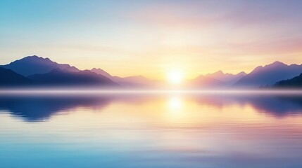 Fototapeta premium A serene sunrise over a tranquil lake, with soft pastels reflecting on the water and mountains silhouetted in the background.