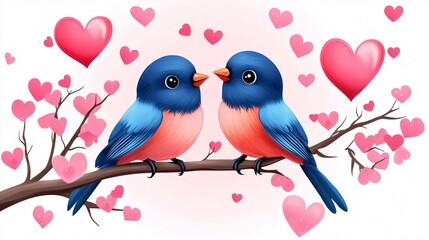 Two colorful birds perched on a branch, surrounded by pink hearts, symbolizing love and affection.