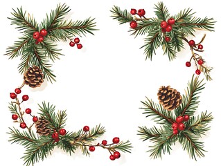 Christmas Frame with Holly Leaves, Red Berries, and Pine Cones on a White Background, Flat Lay Style with Copy Space for Design or Banner  
