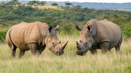 Majestic Rhinoceroses Grazing in an Expansive Grassland Habitat, Showcasing Their Unique Features Against a Scenic Background of African Savanna