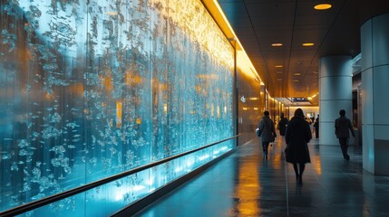 Obraz premium A modern corridor with a decorative water wall and people walking through a well-lit space.