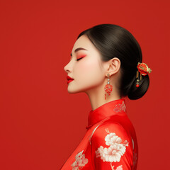 Profile of Graceful Asian Woman in Floral Cheongsam with Red Accents - Traditional Lunar New Year Style