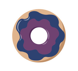 Top view at donut. Donut in blue chocolate glaze. Dessert and delicacy. Homemade pastry and bakery. Unhealthy eating. Sweet food. Confectionery and bakery. Flat vector illustration