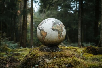 World globe resting on moss in forest.