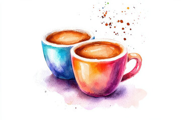 Fototapeta premium Two colorful espresso cups in watercolor art isolated design on white background