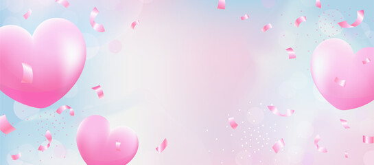 Romantic background with pink hearts and confetti. Soft pastel gradient perfect for banners, greeting cards, or love-themed designs. Valentine’s Day Vector illustration.