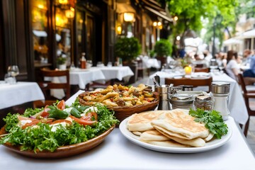 Obraz premium A vibrant outdoor dining scene featuring fresh salads, savory dishes, and warm bread on a sunny day, perfect for enjoying a meal al fresco.