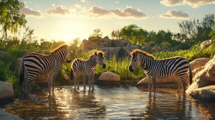 Obraz premium Majestic Zebras Gathering at a Serene Waterhole during Golden Hour with Vibrant Greenery and Dramatic Skies in the Background, Capturing Nature's Tranquility